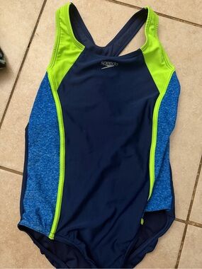 Speedo Navy with Lime Green & Heathered Blue Athletic One-Piece